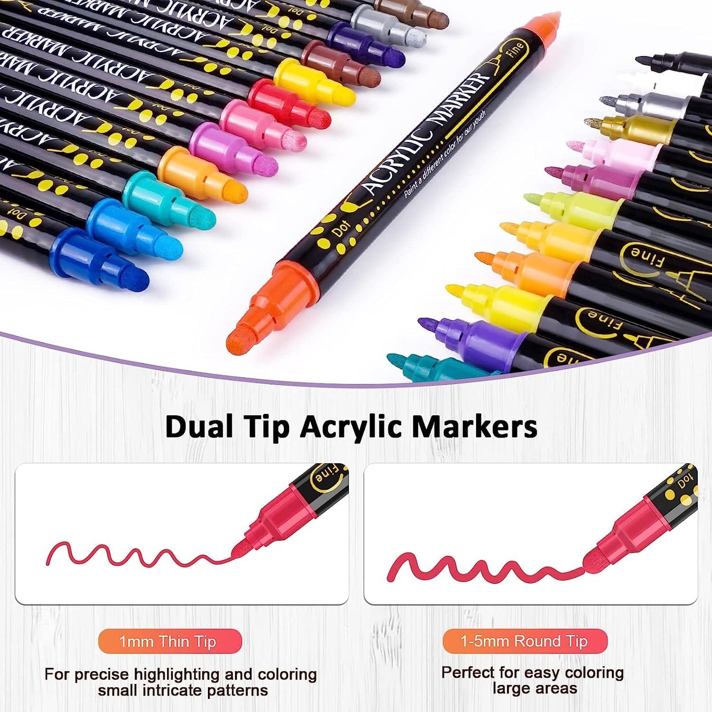 Dual tip acrylic paint pen markers. Each acrylic marker comes with a 1-5mm round nib and a 1mm fine nib. 